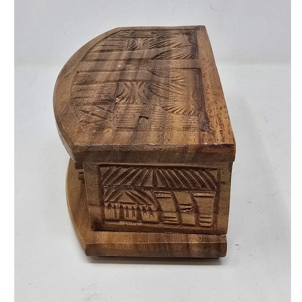 Vtg wood carved enclosed case w/12 Coasters, slide out coasters barware Kitsch